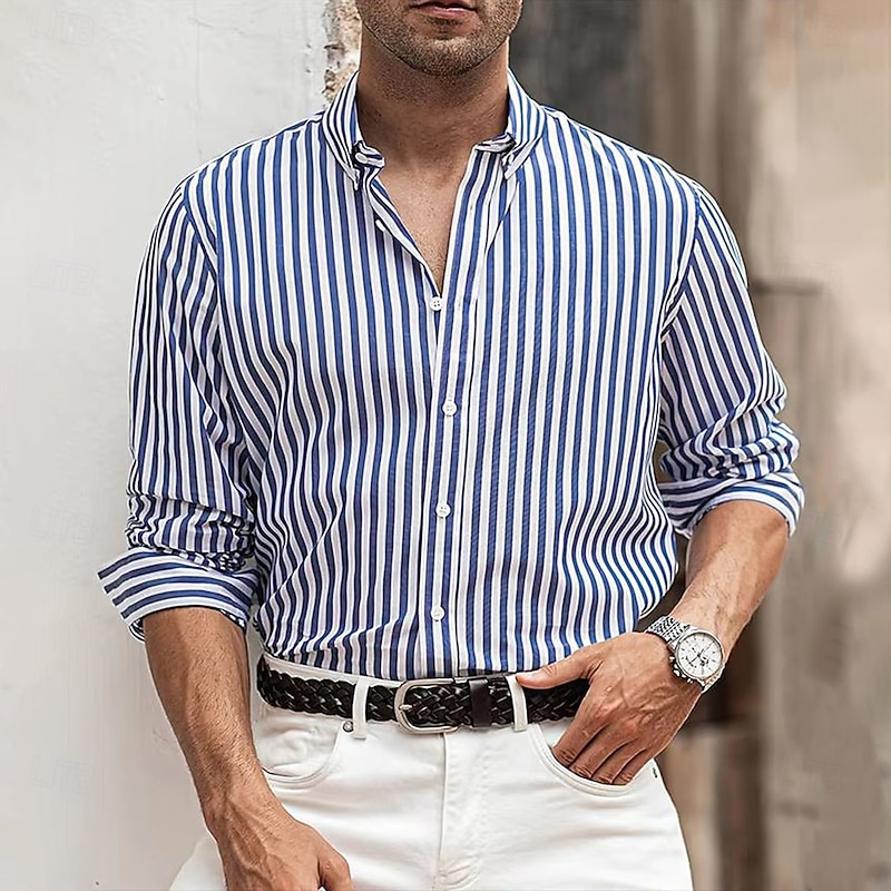 Men's Geometric Striped Shirt Button Up Shirt Casual Dress Shirt Long Sleeve Fashion Casual Formal Vacation Dailywear Summer Spring Turndown 3D Print Collared Shirts Blue Gray