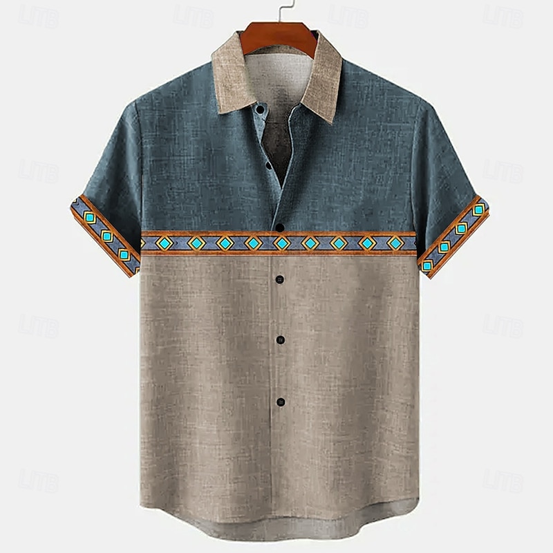 Men's Geometric Linen Shirt Summer Hawaiian Shirt Button Up Shirt Short Sleeve Vintage Artistic Vacation Holiday Beach Wear Summer Spring Turndown Color Block Blue Green2