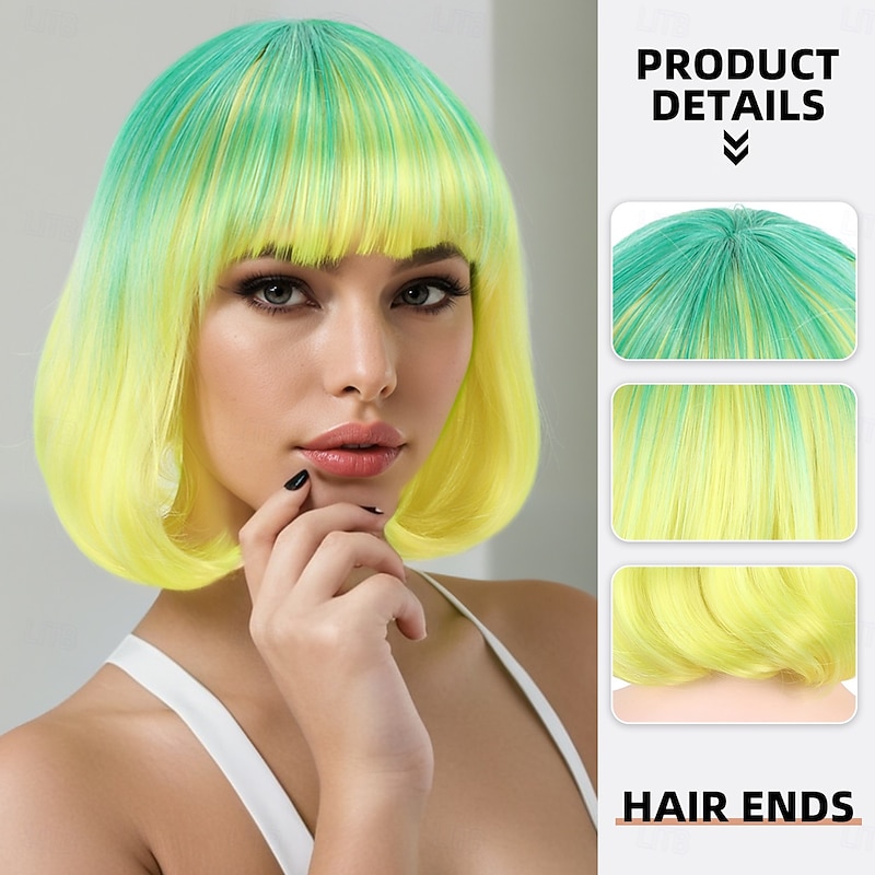 Synthetic Wig kinky Straight Natural Straight Layered Haircut Neat Bang Machine Made Wig 12 inch A1 Synthetic Hair Women's Classic Comfortable Color Gradient Multi-color
