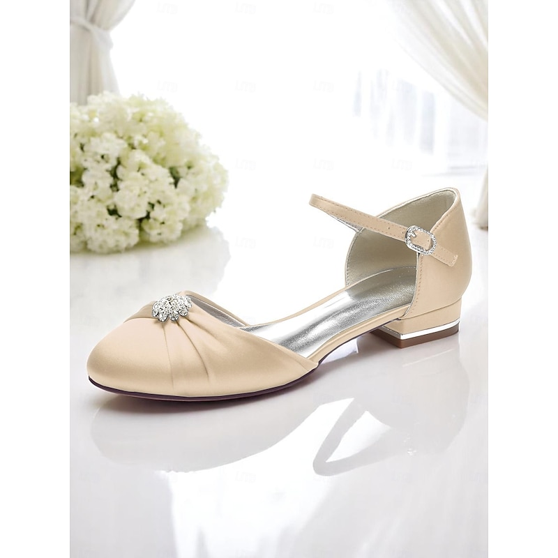 Women's Silver Satin Wedding Flats with Crystal Detail and Ankle Strap, Elegant and Comfortable, Ideal for Formal Weddings3