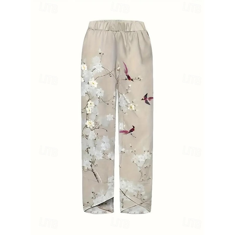 Women's Wide Leg Chinos Baggy Pants Vacation Basic Casual Ankle-Length High Waist Floral Graphic Bird Printing Thermal Warm Soft Breathable Micro-elastic Vacation Street Causal Black White Blue Green2