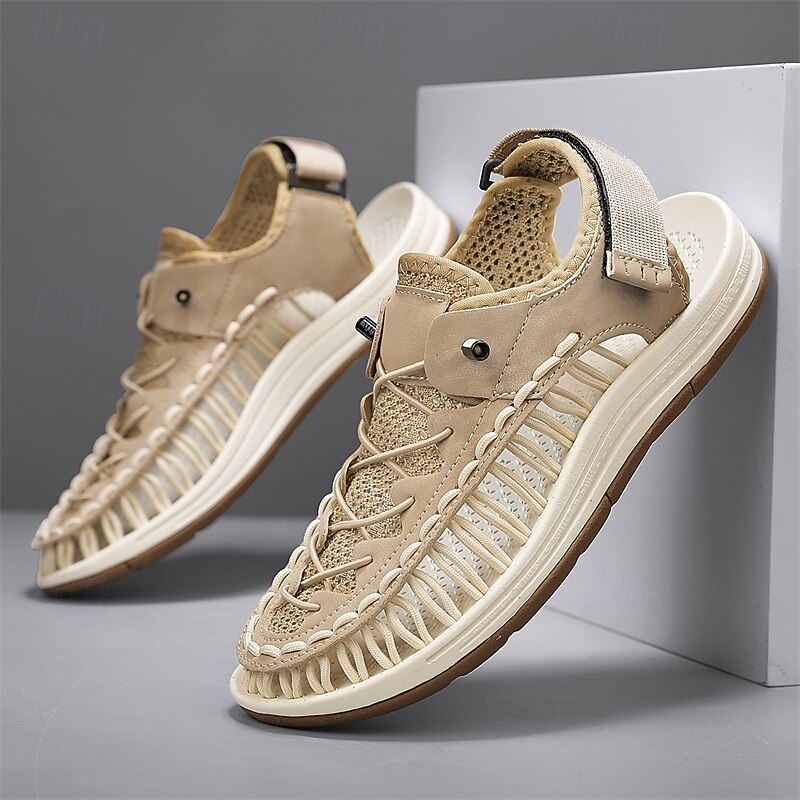 Men's Sneakers Beige and Tan Athletic Shoes with Knitted Upper and Flexible Sole for Outdoor Activities and Daily Use3
