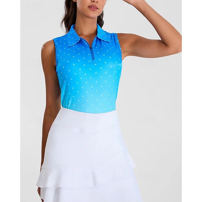Women's Dot Tennis Shirt Sleeveless Print UPF50+ Quick Dry Tennis Golf Badminton Zip Collar Tee Tshirt Top Blue Tennis Clothing4