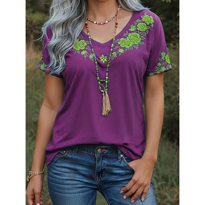 Women's T Shirt Floral Graphic Vintage Stylish Modern Short Sleeve V Neck Regular Tops Daily Print Blue Purple Green Summer2