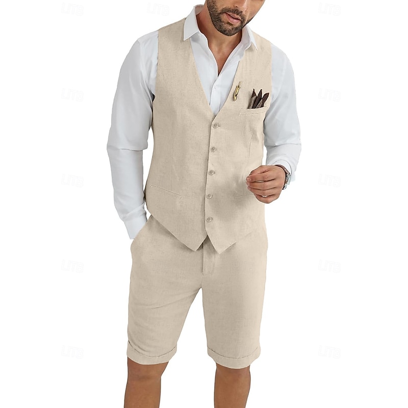 Men's Linen Waistcoat Suits Wedding Shorts Vest Summer Solid Formal Light Blue Sky Blue Dark Navy Colored Causal 2 Piece Tailored Fit