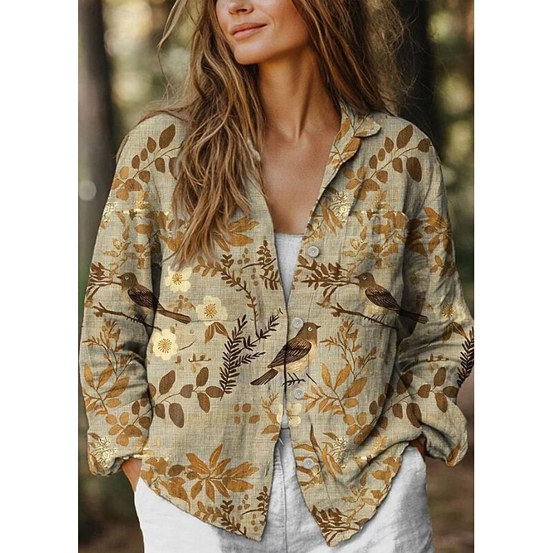 Women's Shirt Button Down Tunic Shirt Collar Long Sleeve Floral Graphic Stylish Casual Linen Like Regular Tops Daily Holiday Going out s Light Green Green Khaki Spring
