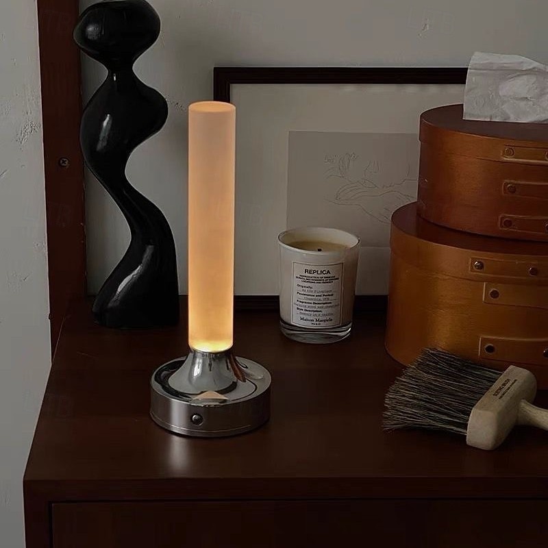Candle Table Lamp Long Style USB Rechargeable Wireless Touch Lamp Desktop Decoration Atmosphere Night Light for Bedroom Silver