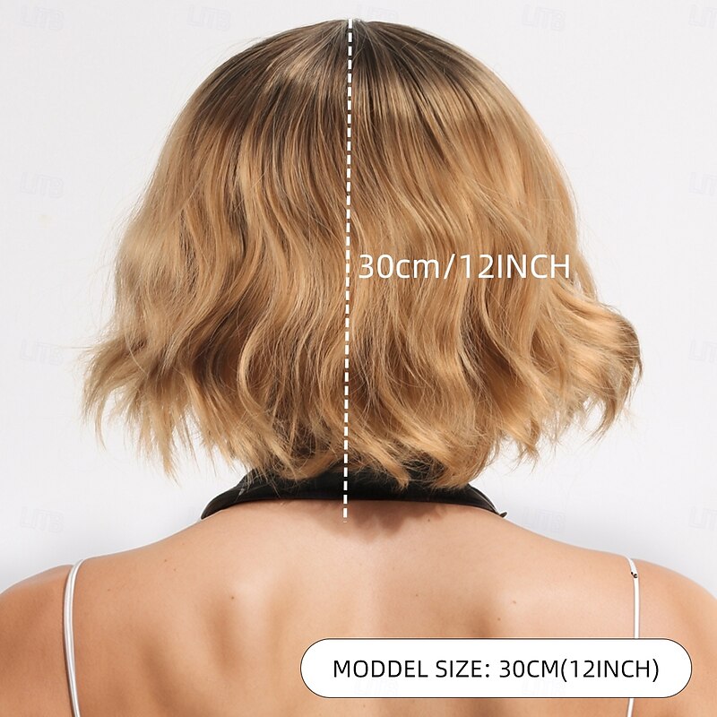 Synthetic Wig Wavy Curly Weave Asymmetrical Neat Bang Machine Made Wig 12 inch A1 Synthetic Hair Women's Middle Part Classic Comfortable Blonde3