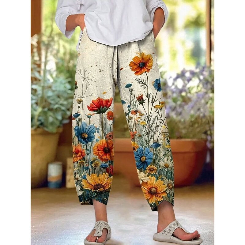 Women's Chinos Baggy Pants Beach Shorts Vacation Vintage Ethnic Style Ankle-Length High Waist Floral Graphic Printing Thermal Warm Soft Breathable Micro-elastic Formal Vacation Street Pink Orange3