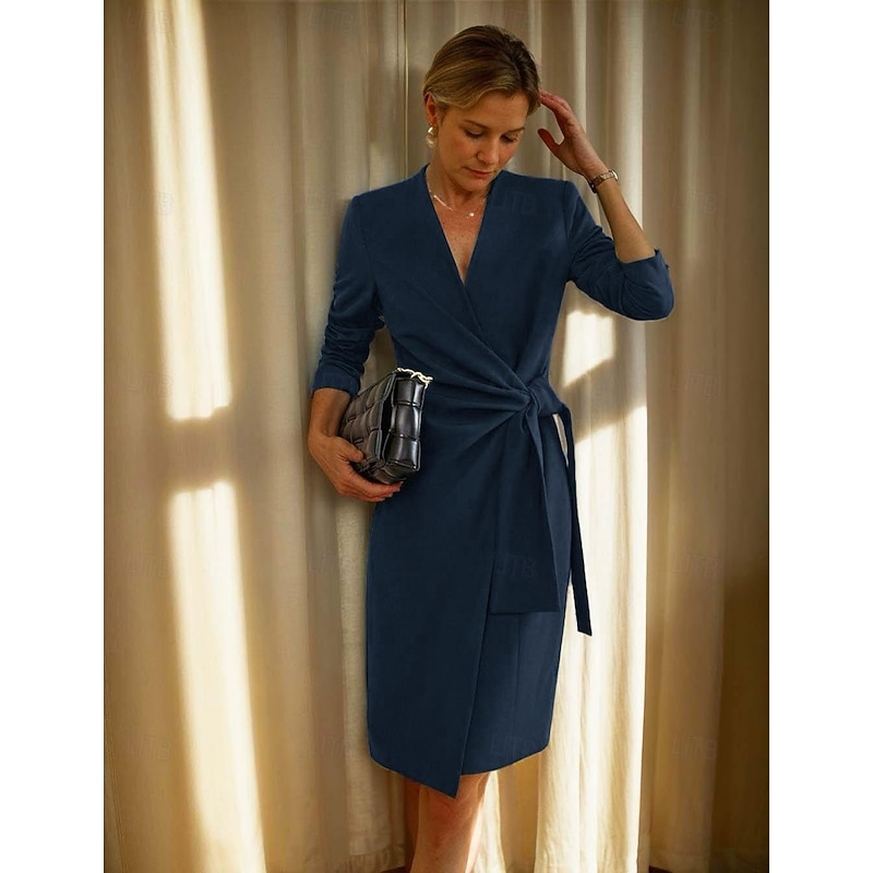 Sheath / Column Dress Mother of the Bride Dress Elegant Vintage Simple V Neck Tea Length Crepe Long Sleeve with Twisted Knot Solid Color Race Day Dress2