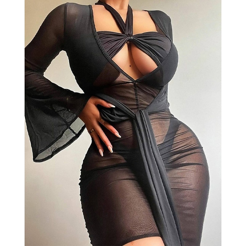 Women's Mini Dress Black Dress Cocktail Dress Bodycon Formal Dress Fashion Modern Vacation Going out Club Regular Fit Plain Long Sleeve V Neck White Summer