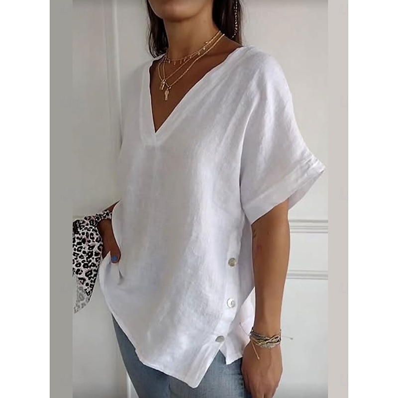 Women's Cotton Linen Blouse Solid Color Elegant Casual Short Sleeve V Neck Regular Tops Daily Holiday Buttons Black White Brown Summer2