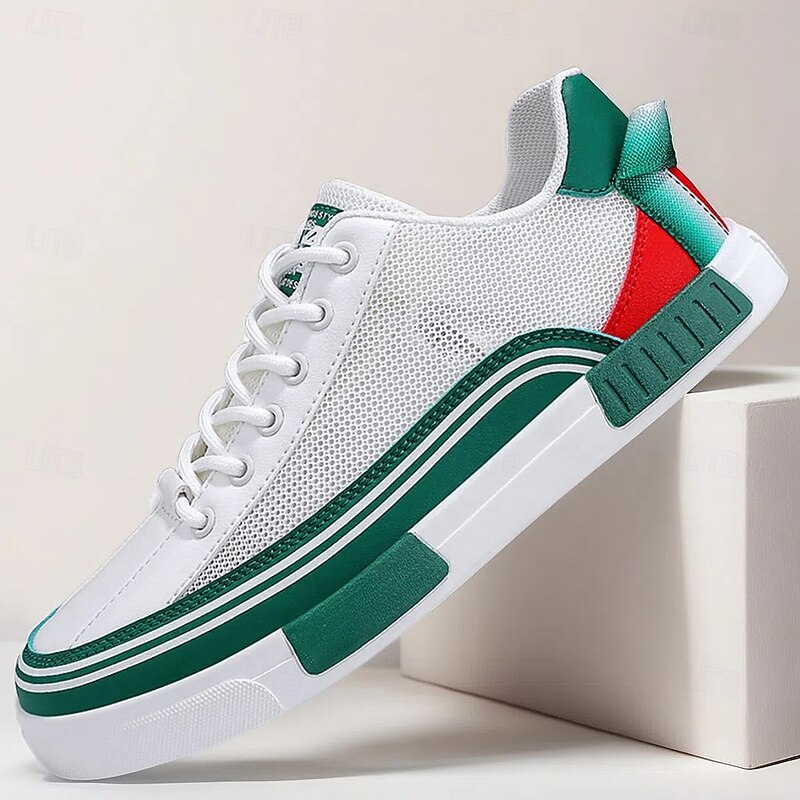 Men's Casual Shoes Walking Casual PU Leather Mesh Breathable Comfortable Slip Resistant Lace-up Black Green / White Summer Spring