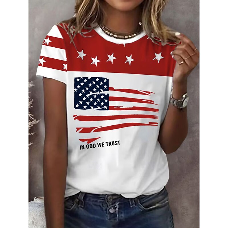 Women's Patriotic  T Shirt Graphic Flag Vintage Stylish Classic Short Sleeve Crew Neck Regular Tops Daily Weekend Print Black Red Blue Summer3