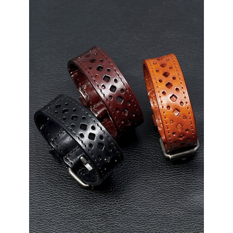 Men's Bohemian Genuine Leather Hollow Bracelet - Vintage Adjustable Cuff Wristband for Casual, Business and Holiday Wear2