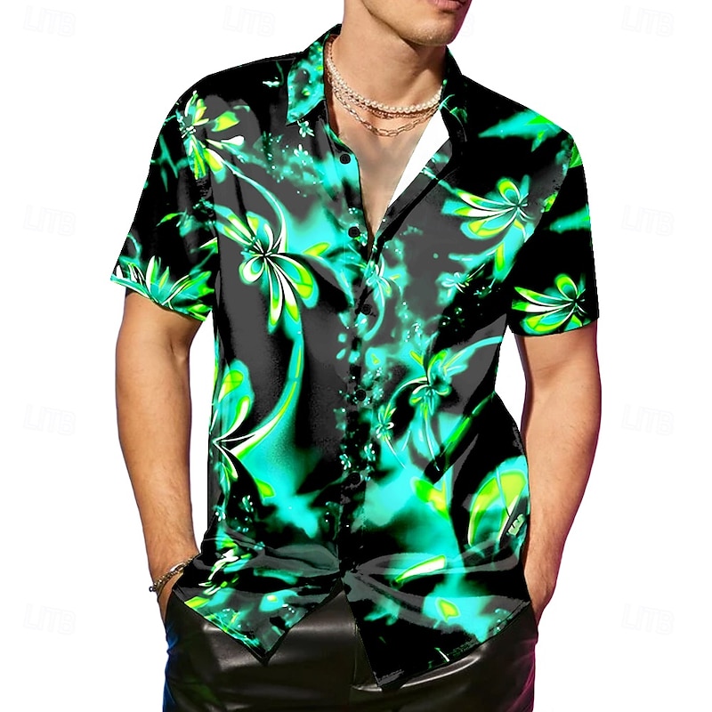 Men's Floral Print Neon Flowers Satin Shirt Dress Shirt Button Up Shirt Short Sleeve Fashion Casual Vacation Party Evening Wear Daily Summer Spring Turndown Collared Shirts Button Up 3D Print Purple2