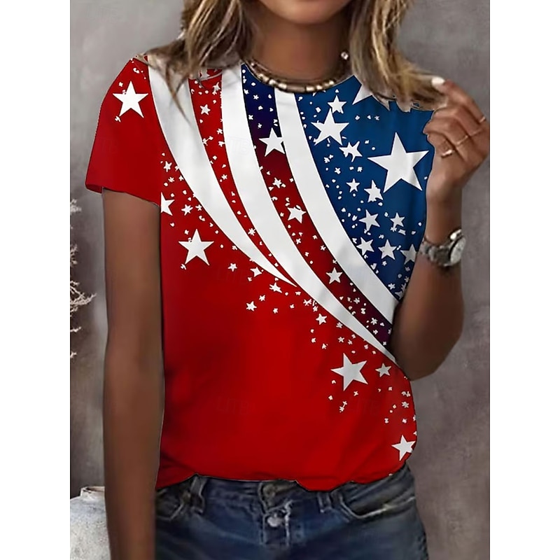 Women's Patriotic  T Shirt Graphic Flag Vintage Stylish Classic Short Sleeve Crew Neck Regular Tops Daily Weekend Print Red Summer