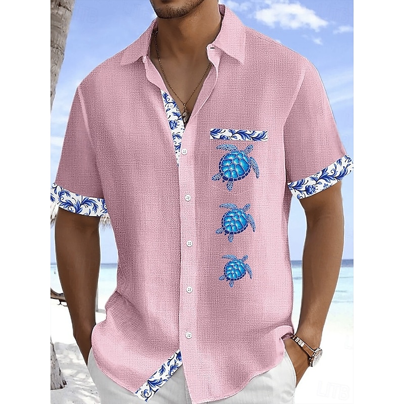 Men's Shirt Linen Shirt Summer Shirt Beach Shirt Button Up Shirt Turtle Vacation Holiday White Pink Sky Blue Green Short Sleeve Turndown Summer Clothing Apparel Front Pocket2