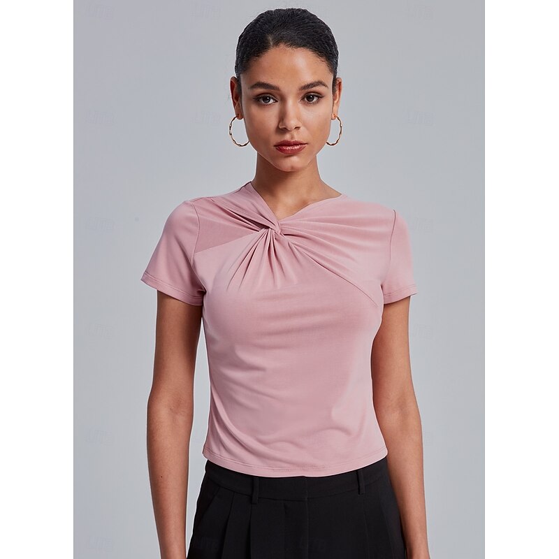 Women's Solid Color Work Sports & Outdoor Dailywear Cap Sleeve Black Pink Beige Twisted Slim Fit Short Sleeve Fashion Casual Daily Dailywear V Neck Spring2