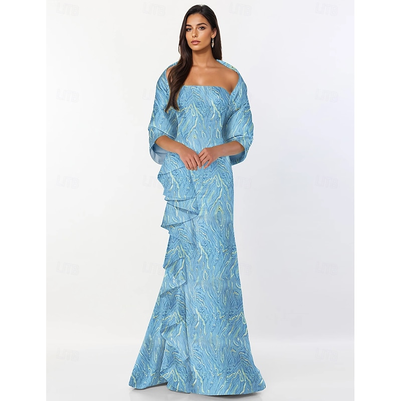 Cape Dress Jacquard Peplum Dress Marble Mermaid / Trumpet Evening Gown Elegant Dress Formal Semi Formal Black Tie Wedding Floor Length Sleeveless Strapless with Ruffles