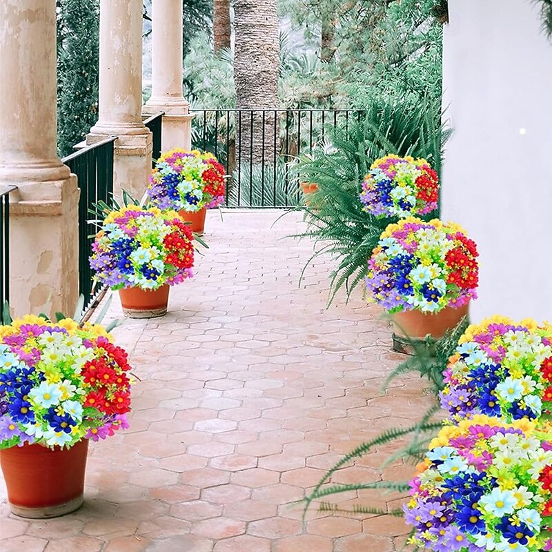 6 Bunches Daisies Artificial Flowers Assorted Color Outdoor Green Plant Shrub Plant Indoor and Outdoor Hanging Flowerpot Home Wedding Office Garden Porch Decoration3