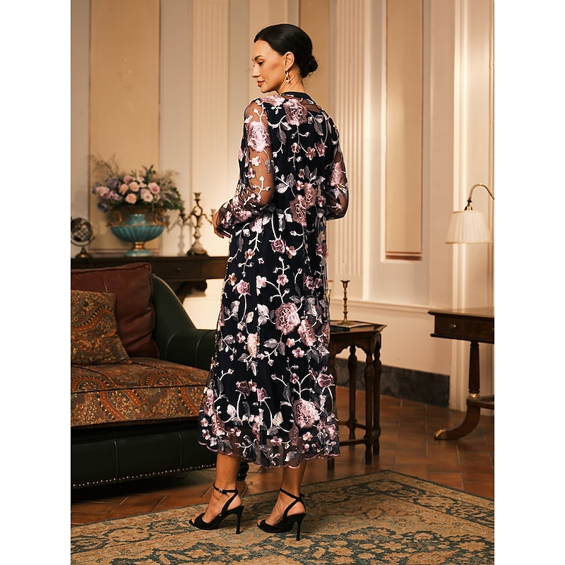 Women's Midi Dress Sheath Dress Dress With Jacket Elegant Cocktail Semi Formal Formal Party Wedding Guest Regular Fit Floral Long Sleeve Crew Neck Black Spring Fall Winter2