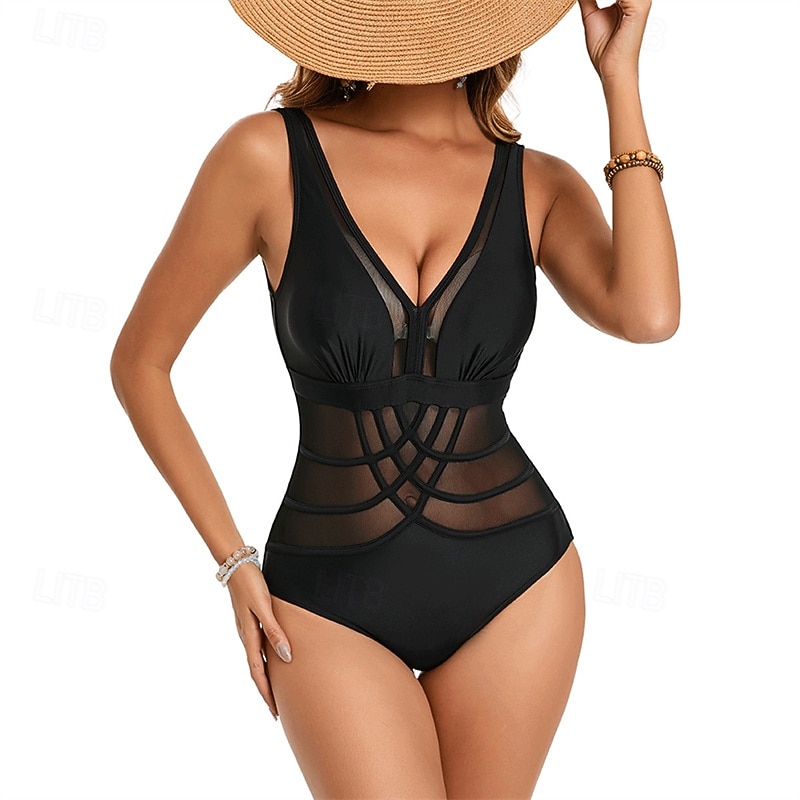 Women's One Piece Swimsuit Mesh Open Back Swimwear Solid Colored Swimwear Black Breathable Quick Dry Sleeveless - Swimming Surfing Snorkeling Summer