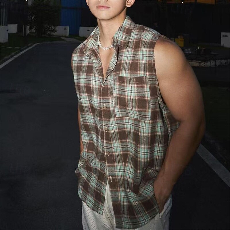 Men's Shirt Summer Shirt Casual Shirt Beach Shirt Button Up Shirt Purple Brown Sleeveless Plaid Lapel Vacation Hawaiian Front Pocket Clothing Apparel Polyester Fashion Casual Comfortable4