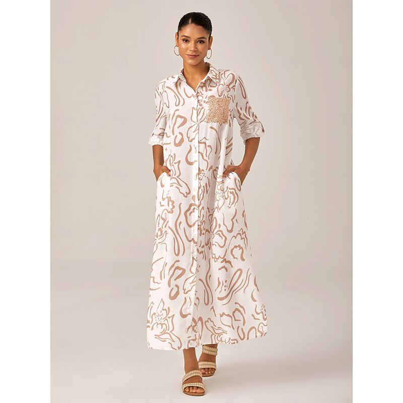 Sequin Apricot Curve Pocket Roll Up Sleeve Maxi Shirt Dress