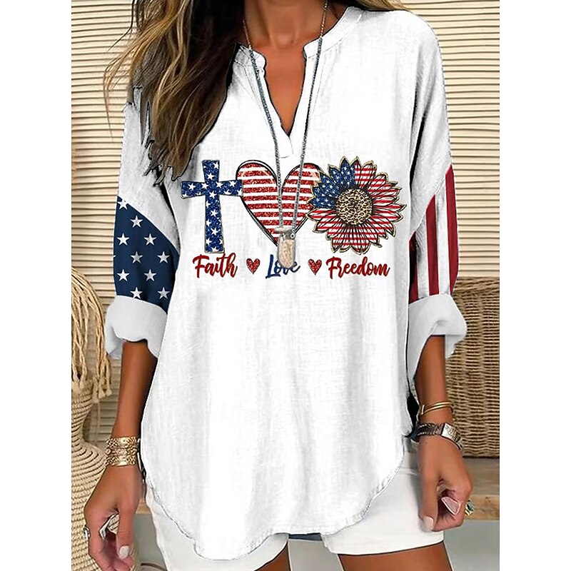 Women's Blouse Tunic V Neck Long Sleeve Boho Casual Patriotic Graphic Flag Vintage Stylish Regular Tops Daily White