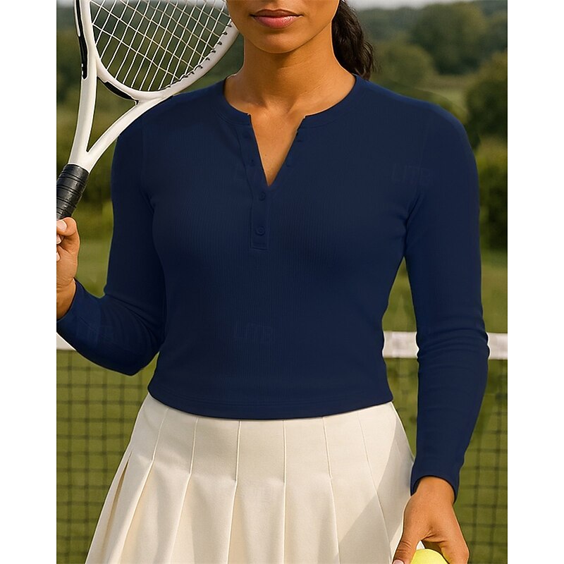 Women's Solid Colored Tennis Top Long Sleeve Buttons Sweat-Wicking Moisture Wicking Breathable Tennis Golf Pickleball V Neck Black White Pink Tennis Clothing4