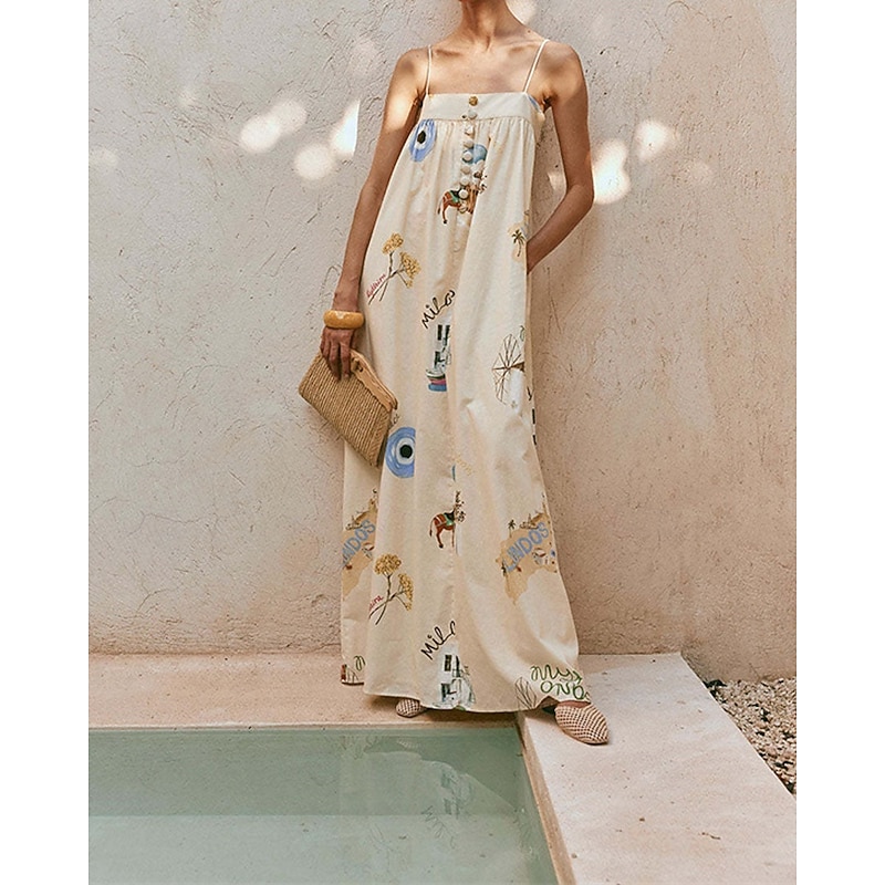 Women's Long Dress Maxi Dress Cotton Linen Dresses Casual Dress Fashion Outdoor Party Holiday Regular Fit Painting Sleeveless Spaghetti Strap Beige Summer4