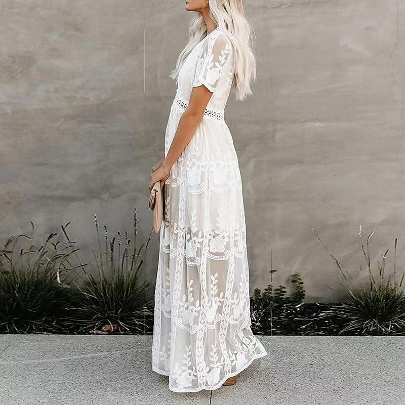 Women's Long Dress Maxi Dress Lace Dress Casual Dress Summer Dress Fashion Modern Daily Beach Weekend Regular Fit Plain Short Sleeve V Neck White Summer4