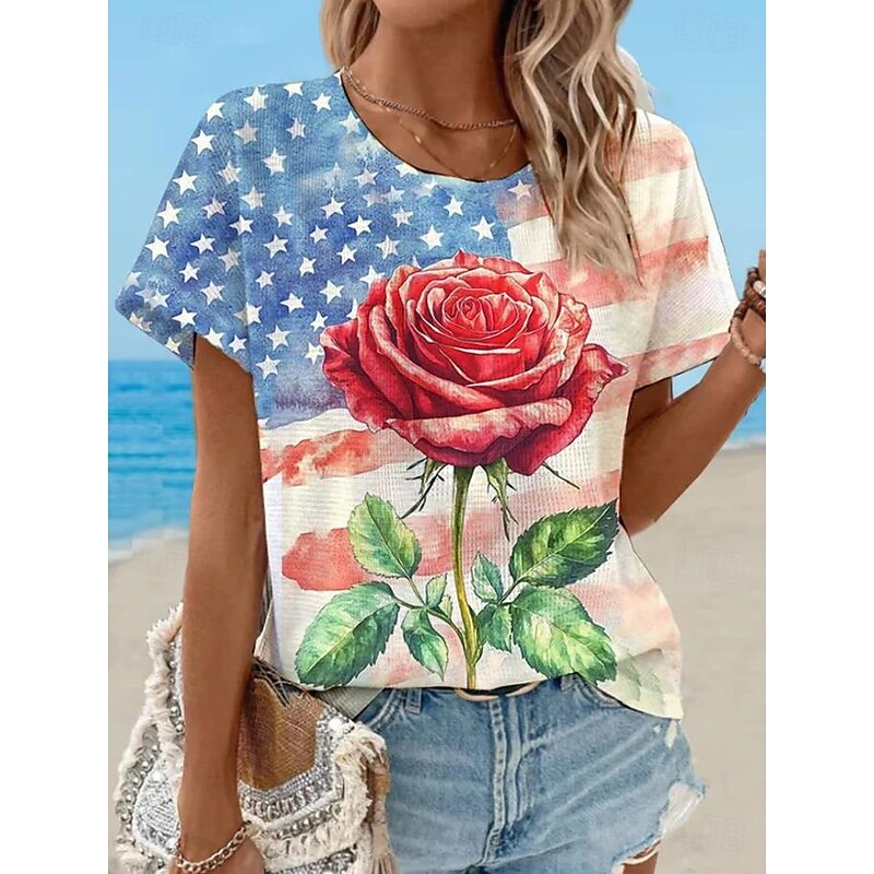 Women's Patriotic  T Shirt Graphic Flag Vintage Stylish Classic Short Sleeve Crew Neck Round Neck Regular Tops Daily Weekend Print White Red Dusty Blue Light Blue2