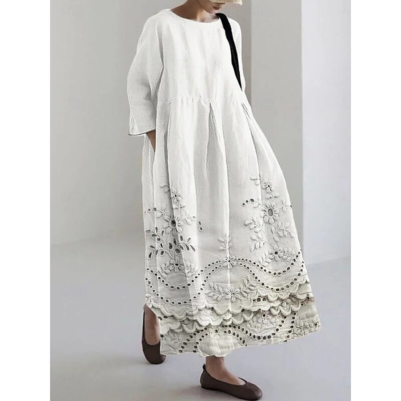 Women's Maxi Dress Sundress A Line Dress Summer Dress Vacation Casual Beach Daily Holiday Going out Loose Fit Floral Graphic Long Sleeve Crew Neck Boat Neck White Pink Blue Summer Spring2