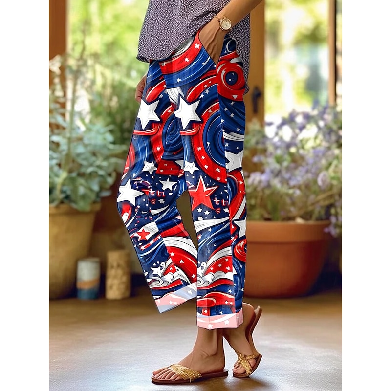 Women's Patriotic  Skinny Vacation Vintage Stylish Full Length High Waist Pants Graphic Flag Printing Breathable Soft Red Dark navy Royal Blue Summer3