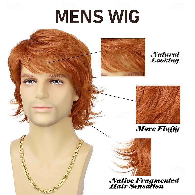 Mens Wig Short Orange Layered Heat Resistant Synthetic Wigs for Male Daily Party Cosplay Costume Halloween Use3