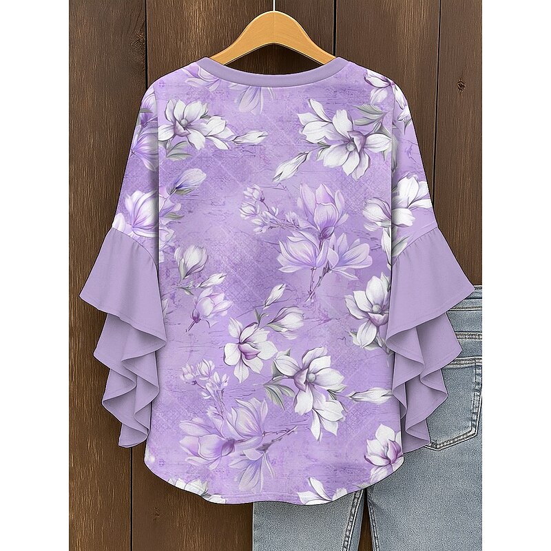 Women's Blouse V Neck Layered Ruffle Sleeve Tops Floral Graphic Bohemia Vintage Daily 3/4 Length Sleeve Regular Tops Daily Holiday Vacation Wear Print Pink Blue Purple Green Summer Spring Fall2