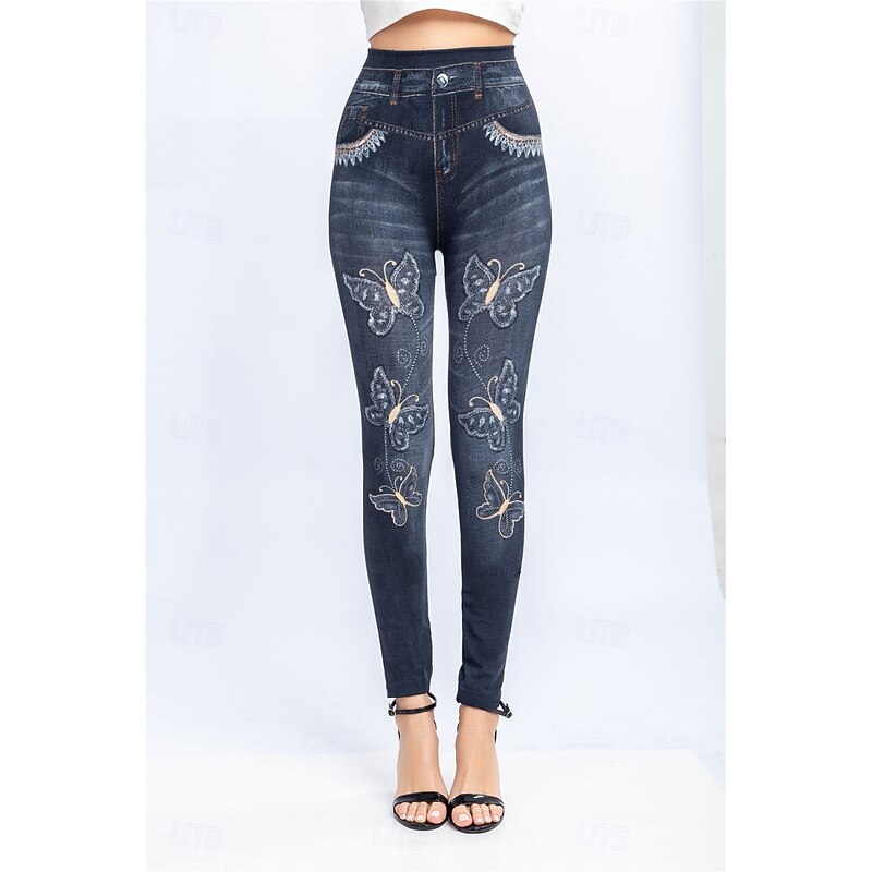 Women's Leggings Trousers 3D Print Chinos Vacation Streetwear Casual Full Length High Waist Butterfly Printing Comfy Soft Comfortable Stretchy Outdoor Street Black Blue Summer Slim Fit2