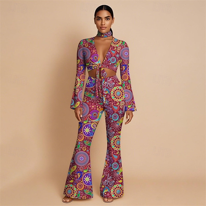 Retro Vintage 1970s Groovy Tie Front Flared Pants Set Hippie Disco Paisley Tribal Fancy Dress Women's Halloween Carnival Vacation Music Festival Festival Adults' Top Pants Headband