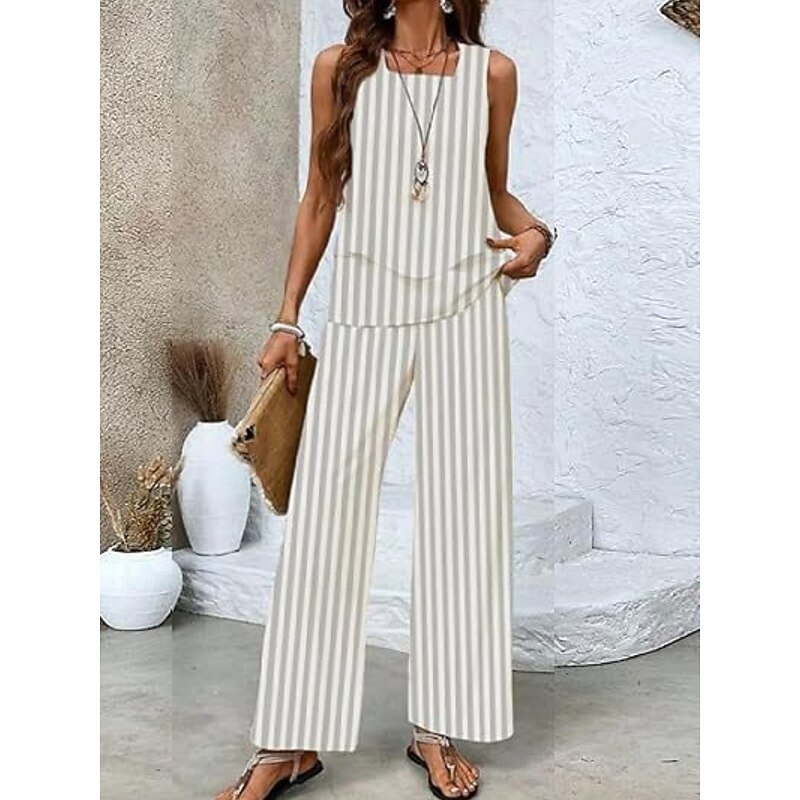Women's 2 Pieces Fashion Streetwear Daily Camis Pants Sets Sleeveless Square Neck Graphic Striped Print Outdoor Casual Daily White Red Blue Summer Loose Fit4