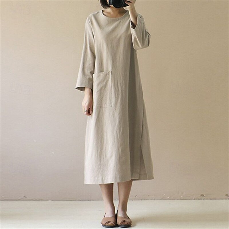 Women's Midi Dress Cotton Linen Dresses Casual Dress Fashion Outdoor Party Holiday Regular Fit Plain Long Sleeve Crew Neck Black Wine Khaki Summer4