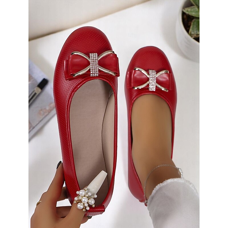Women's Patent Leather Bow Flats with Rhinestone Detail – Classic Slip-On Flats for Adult Women, Perfect for Office Wear, Daily Errands, Dinner Dates & Holiday Gatherings