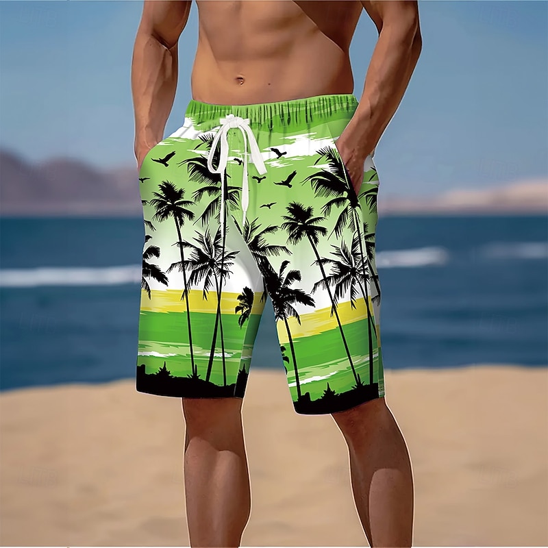 Men's Coconut Tree Tropical Plants Swim Trunks Swim Shorts Board Shorts Mid Waist Streetwear Hawaiian Beach Vacation Wear Side Pockets Mesh Lining Elastic Drawstring Waist Designer Clothing Apparel