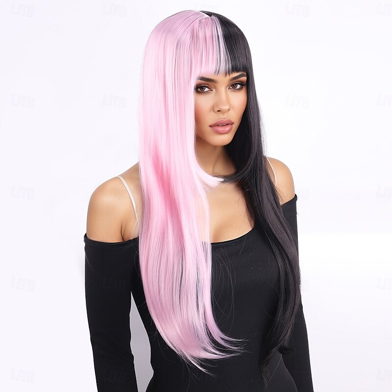 Synthetic Wig Curly Weave Natural Straight Layered Haircut With Bangs Machine Made Wig 26 inch A1 Synthetic Hair Women's Classic Comfortable Color Gradient Pink Black4