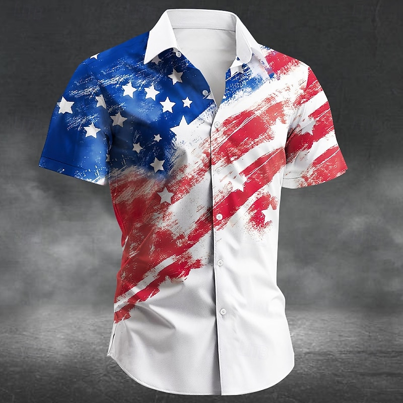 Independence Day Men's US Flag Patriotic Fourth of July Shirt Summer Shirt Button Up Shirt Short Sleeve Fashion Casual Holiday Festival Summer Spring Turndown 3D Print Collared Shirts White Blue Dark2