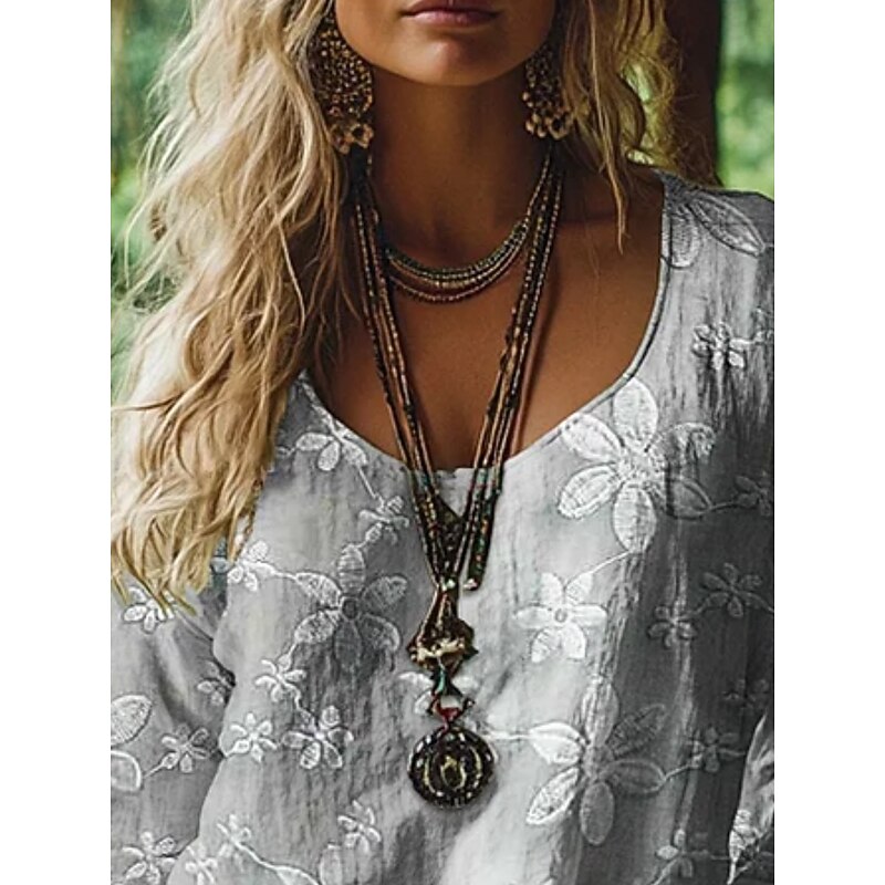 Women's Western Blouse Boho Shirt Blouse Flower Modern Casual Long Sleeve V Neck Regular Tops Daily Holiday Going out   Print Gray Autumn2