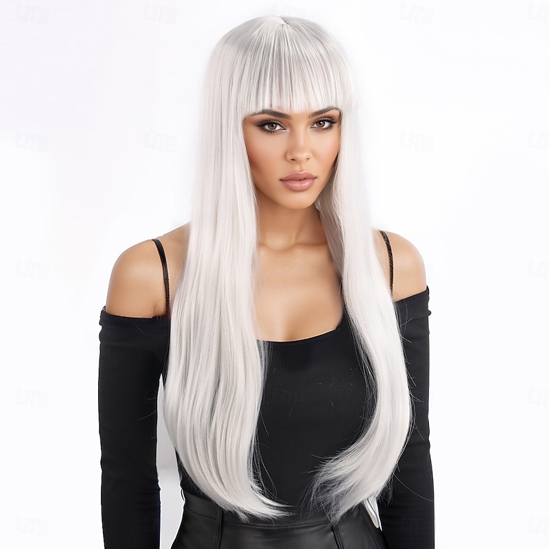 Synthetic Wig kinky Straight Natural Straight Layered Haircut With Bangs Machine Made Wig 24 inch A1 Synthetic Hair Women's Classic Comfortable Color Gradient White4
