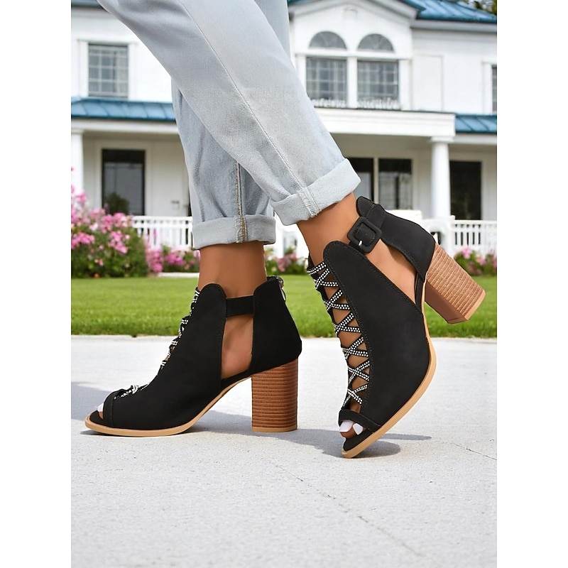Women's Black Peep Toe Heeled Sandals with Rhinestone Lace-Up Design – Stylish Chunky Heel Shoes for Summer Parties, Daily Wear or Garden Events4