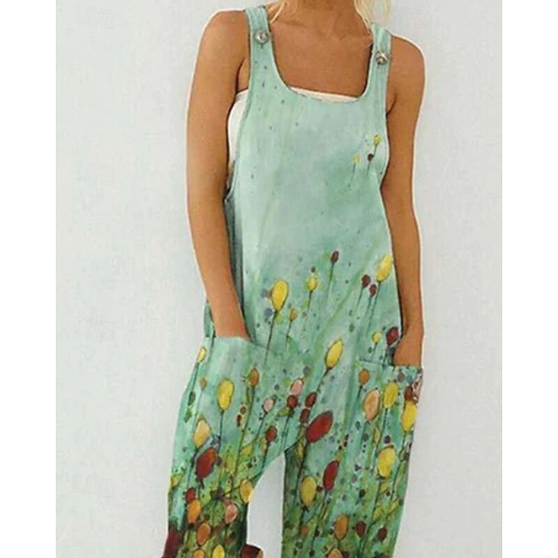 Women's Normal Jumpsuit Streetwear Floral Sleeveless U Neck Pocket Print Daily Going out Regular Fit Green Summer2
